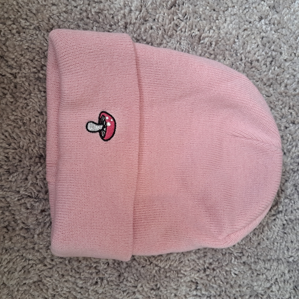Claire's Pink Beanie with Mushroom Design
